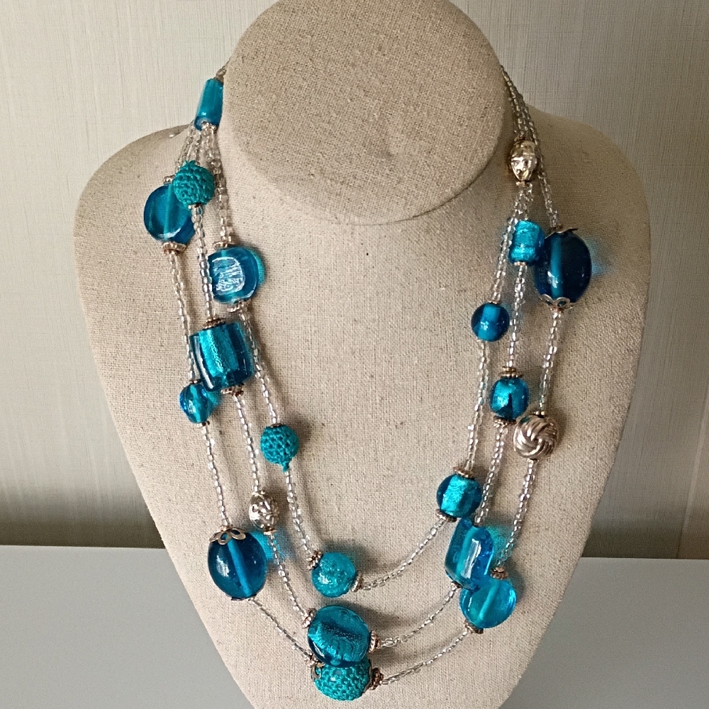 Murano Foiled Beads & Textured Sugar Or Crochet-Covered Beads 3-strand Necklace